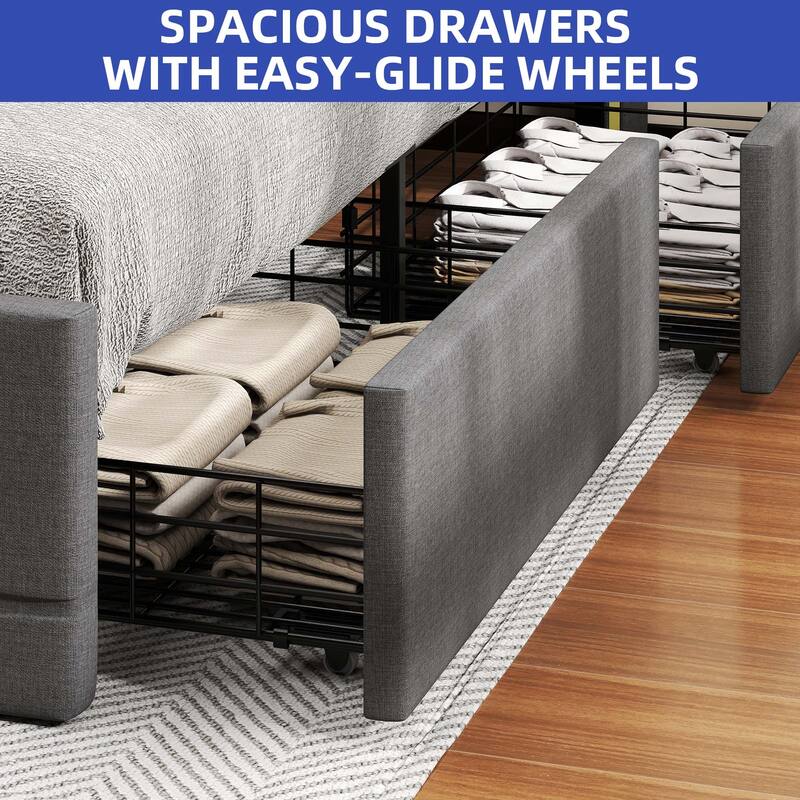 Moasis Queen Bed Frame with Headboard & 4 Storage Drawers, Modern Upholstered Faux Leather Platform Bed