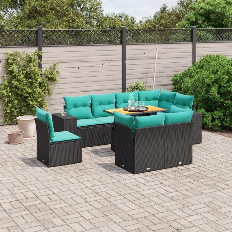 vidaXL Patio Sofa Set with Cushions Outdoor Furniture 9 Piece Poly Rattan - 24.4 x 24.4 x 27.2 - Black