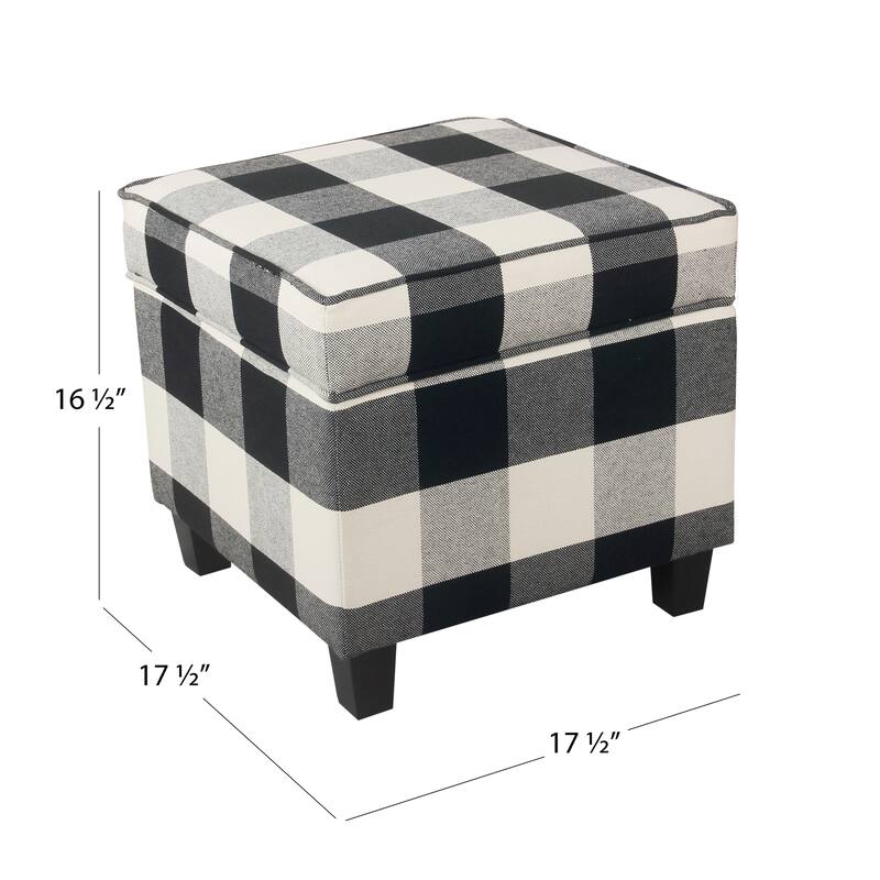 Pyp Square Storage Ottoman, 18 Inch Black Plaid Cotton, Ebony Legs