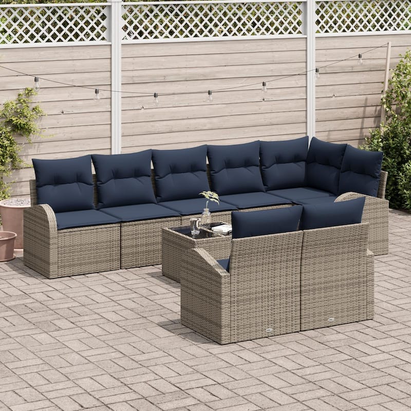 vidaXL 8/9 Garden Sofa Set with Cushions Black/Brown/Grey Poly Rattan - 113.8 x 48.8 x 27.2
