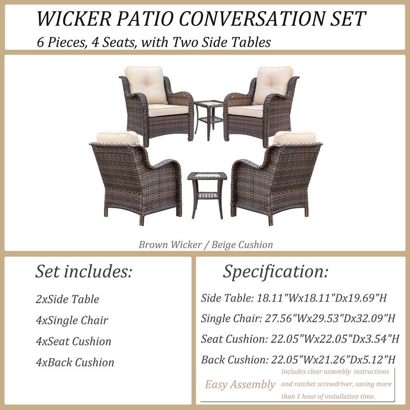 6 Piece Outdoor Wicker Rattan Patio Conversation Furniture Chairs Sets