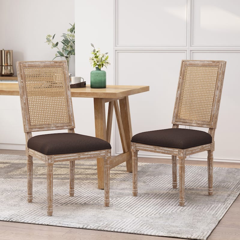 French Country Upholstered Dining Chair with Cane Backrest and Rubberwood Frame Set of 2 - Brown 2