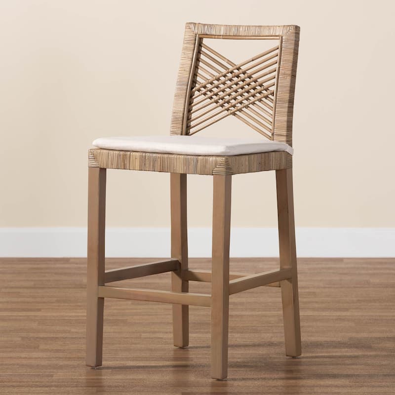 Poltak Modern Bohemian Grey Natural Kubu Rattan and Mahogany Wood Counter Stool