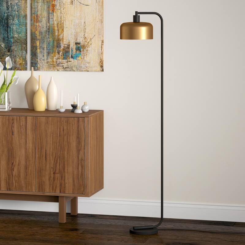 57" Black Arched Floor Lamp with Brass Metal Bell Shade Smart and Satin Finish for Living Room or Bedroom