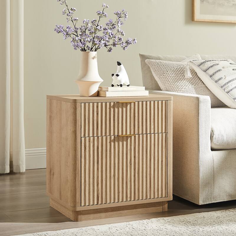 Modern Fluted Nightstand with Charging Station, 2 Drawer Bedside Table