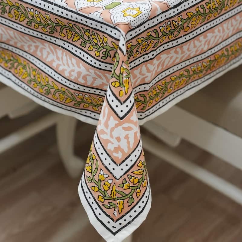 Fabdivine Handmade Block Print Cotton Brown Table Cover or Cloth Dining, Farmhouse & Kitchen Décor