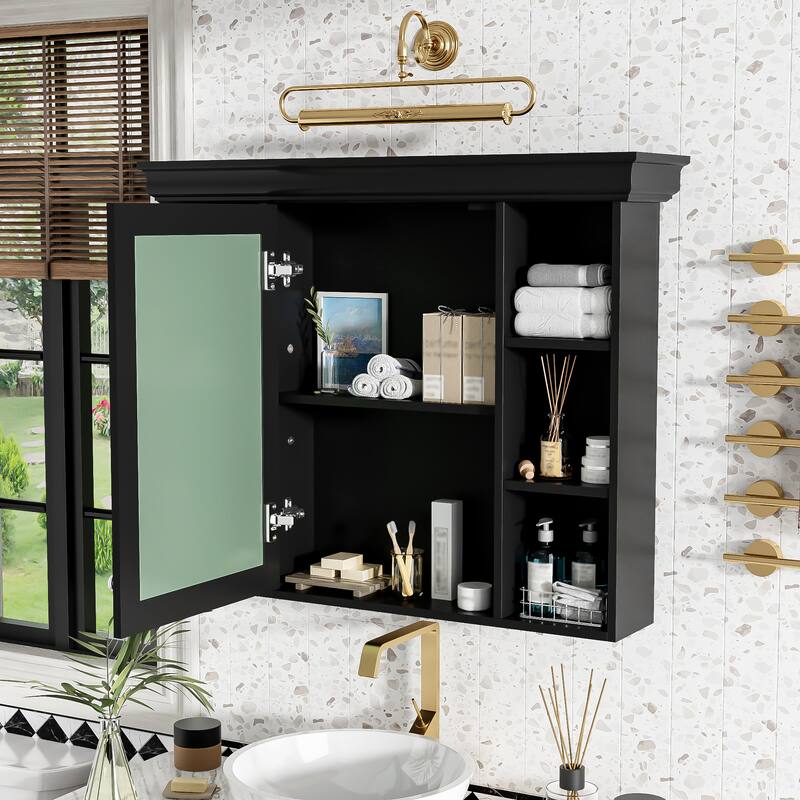 35" x 28" Black Wall Mounted Bathroom Storage Cabinet with Mirror Door, Modern Bathroom Wall Cabinet with Mirror
