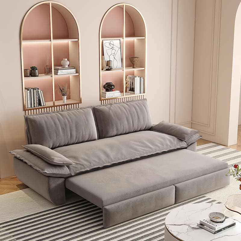 3-in-1 Convertible Velvet Sofa Bed, Pull-Out Queen Sleeper Bed, Chaise Lounge Sofa Daybed, Easy-to-Assemble