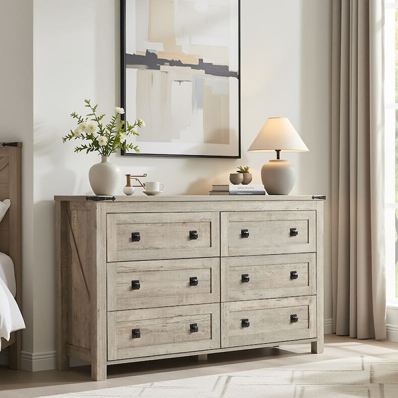Farmhouse 6 Drawer Dresser, Wood TV Stand, Chest of Drawers - Light Rustic Oak