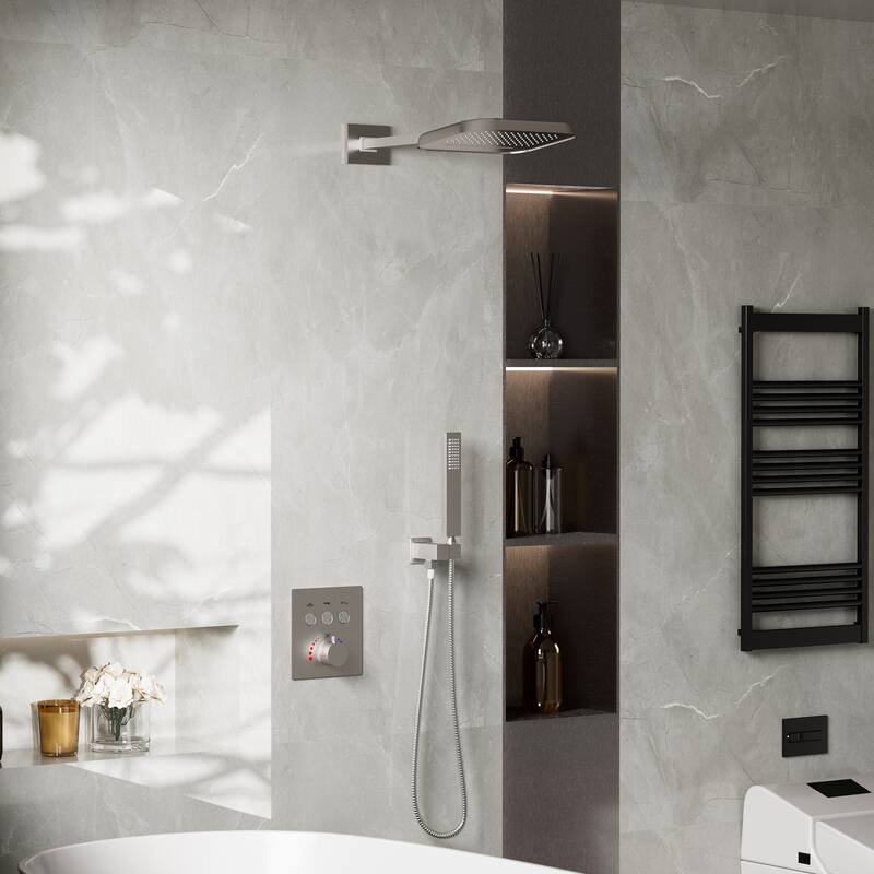 Modland 3-function Square Thermostatic Rainfall Shower System with High-pressure Handheld Shower, Black/Nickel/Chrome