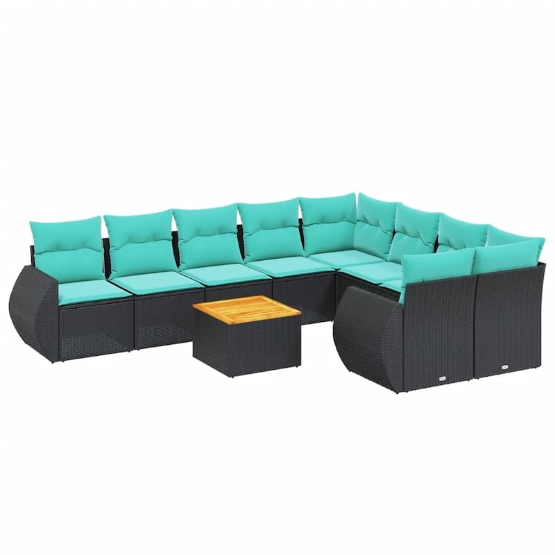 vidaXL 10 Piece Patio Sofa Set with Cushions Black Poly Rattan - 24.4 x 24.4 x 27.2 - Black-Table + 2x corner + 5x middle