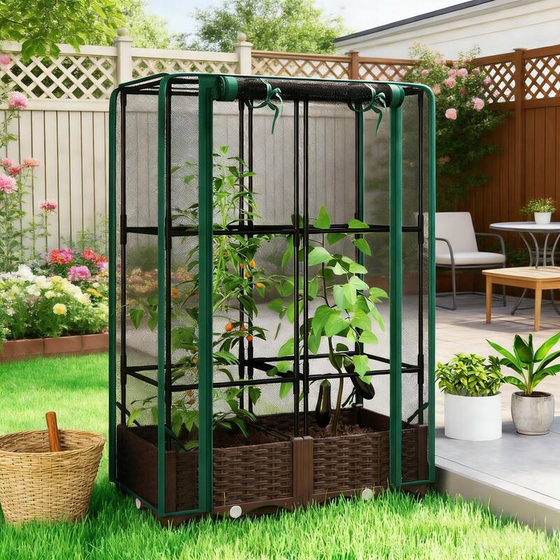 Self-Watering Adjustable Raised Garden Bed with Trellis and Crop Cage