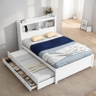 Full Size Bed Frame with Trundle, Drawers, and USB Ports for Modern Spaces, White