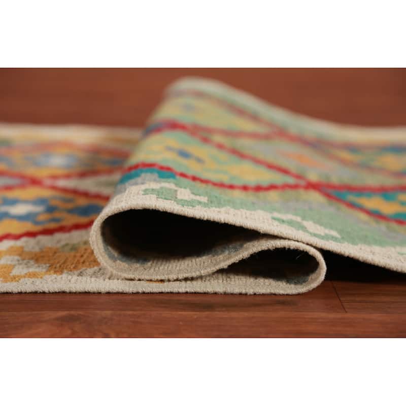 Geometric Kilim Oriental Runner Rug Hand-Woven Wool Carpet - 2'7" x 16'2"