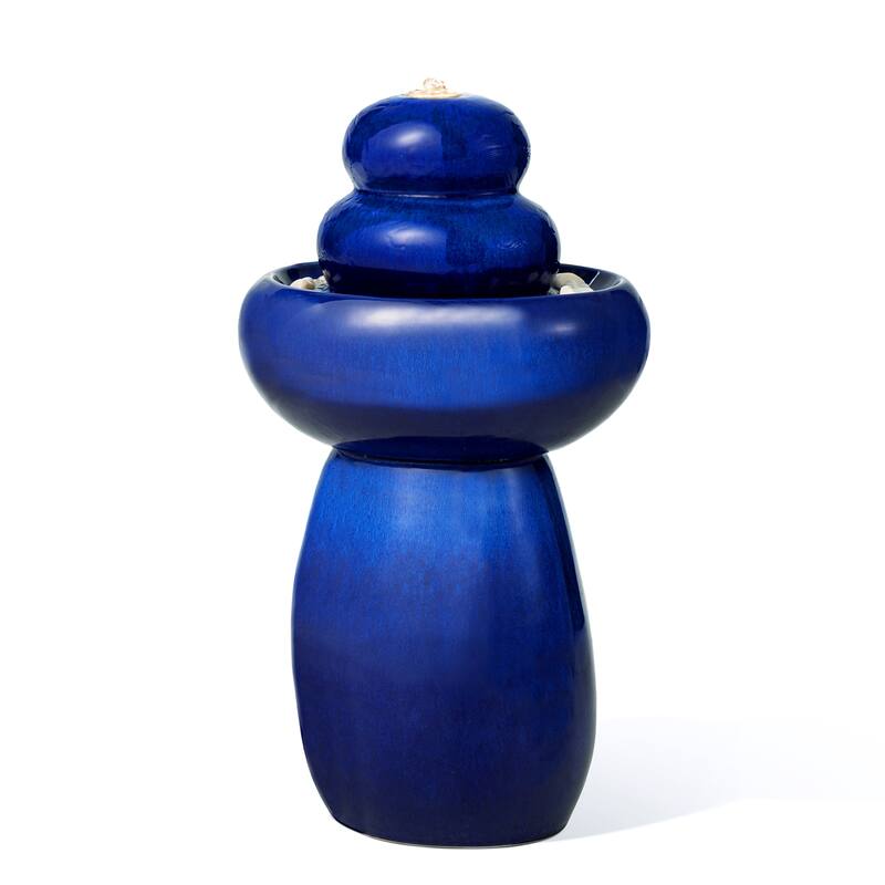 Glitzhome 22"H Zen-Style Cobalt Blue Pebbles Outdoor Ceramic Fountain with Pump and LED Light