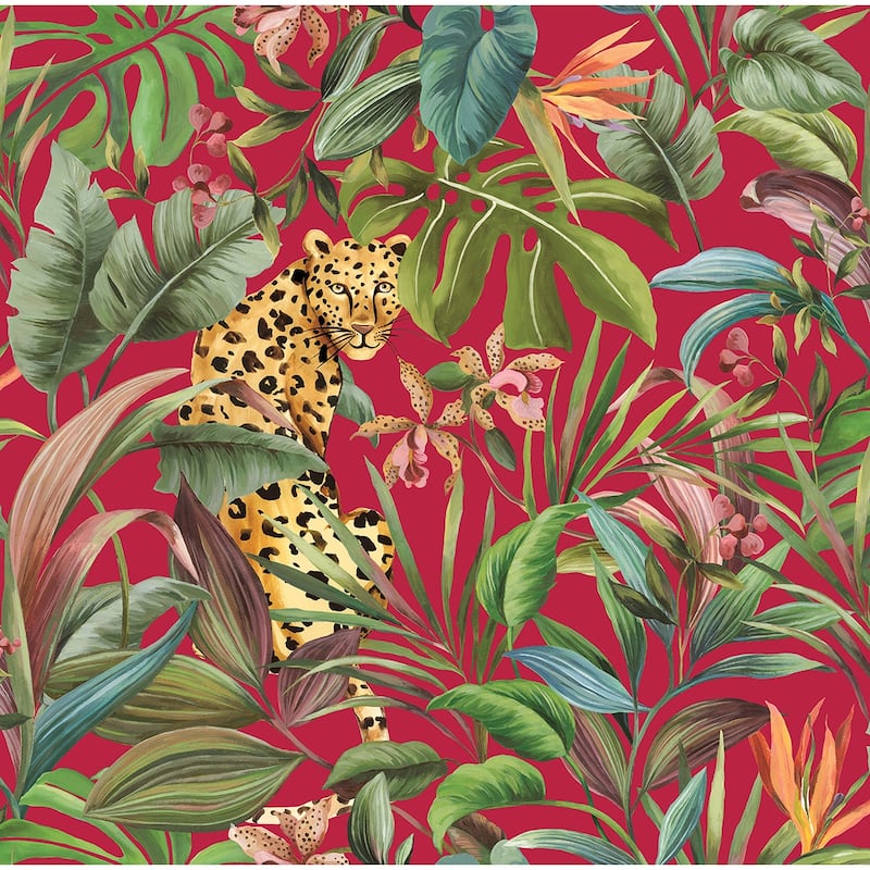 Daisy Bennett Designs Tropical Leopard Peel and Stick Wallpaper - 27 in. W x 18 ft. L - Gloss Red