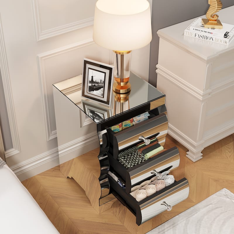 Baked curved mirror Nightstand with 3 Drawer Glass Bedside Table Chest of Drawers for Bedroom Small Spaces End Table