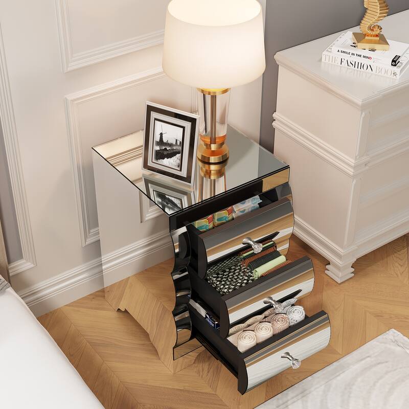 Modern Mirrored Nightstand with 3 Drawers, Glass Bedside Table for Bedroom or Living Room, Silver Finish