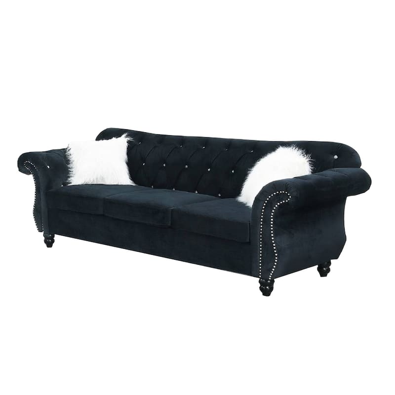 93 Inches Nailhead Trim Velvet Sofa with Crystal Tufting, Black