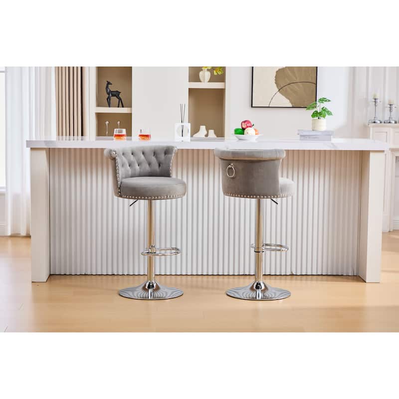 Velvet Bar Stool Set of 2, Adjustable Swivel Bar Stools with Silver Plated Metal Leg, Chrome Nailhead, Counter Height Chair