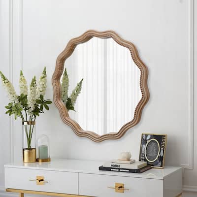 Large Decorative Wood Framed Hanging Circle Mirror - Antique Natural