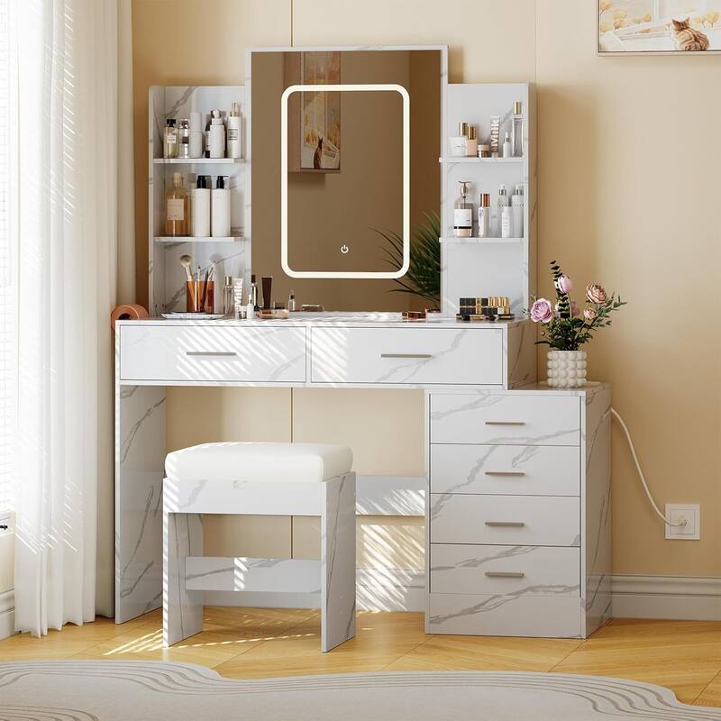 6 Drawers Makeup Vanity Desk, Dressing Table with Lighted Mirror - White