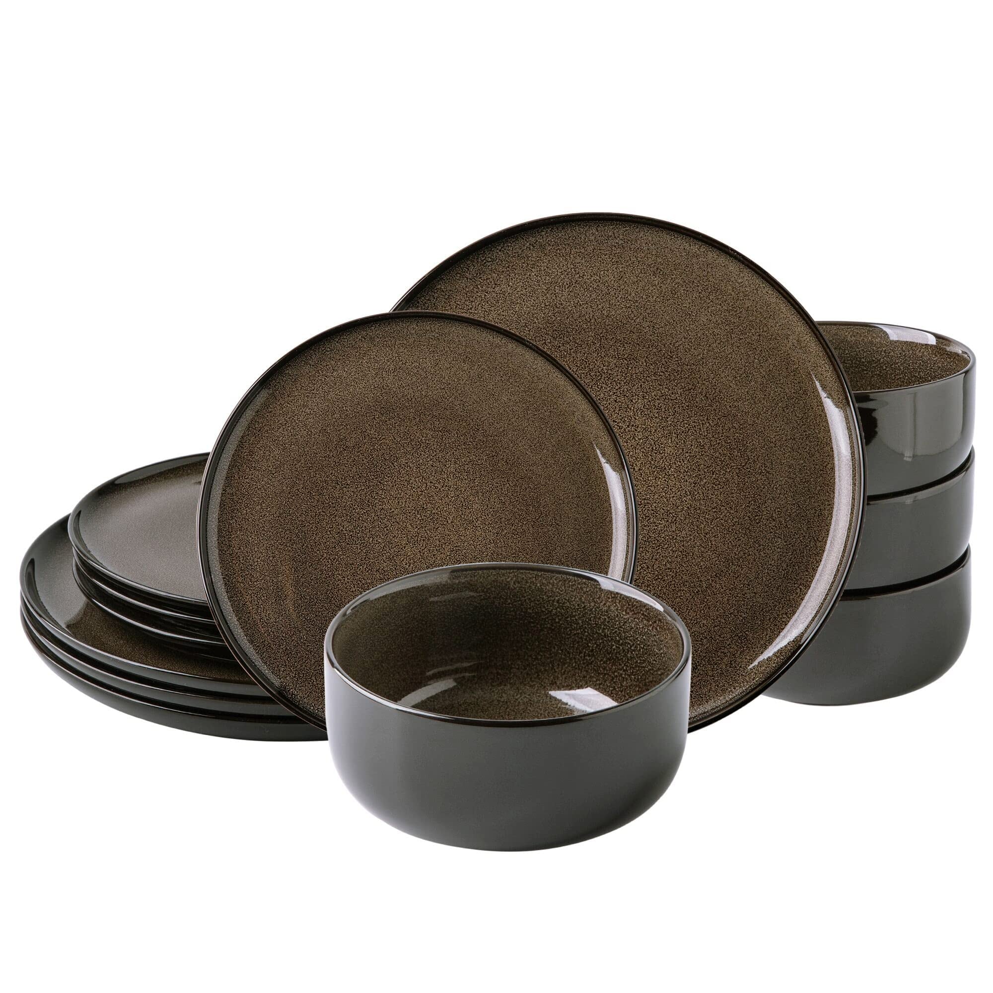 Ceramic Dinnerware Sets,12-Piece Plates and Bowls,Handmade Reactive Glaze Dishes Set,Chip Resistant & Scratch Resistant Oven