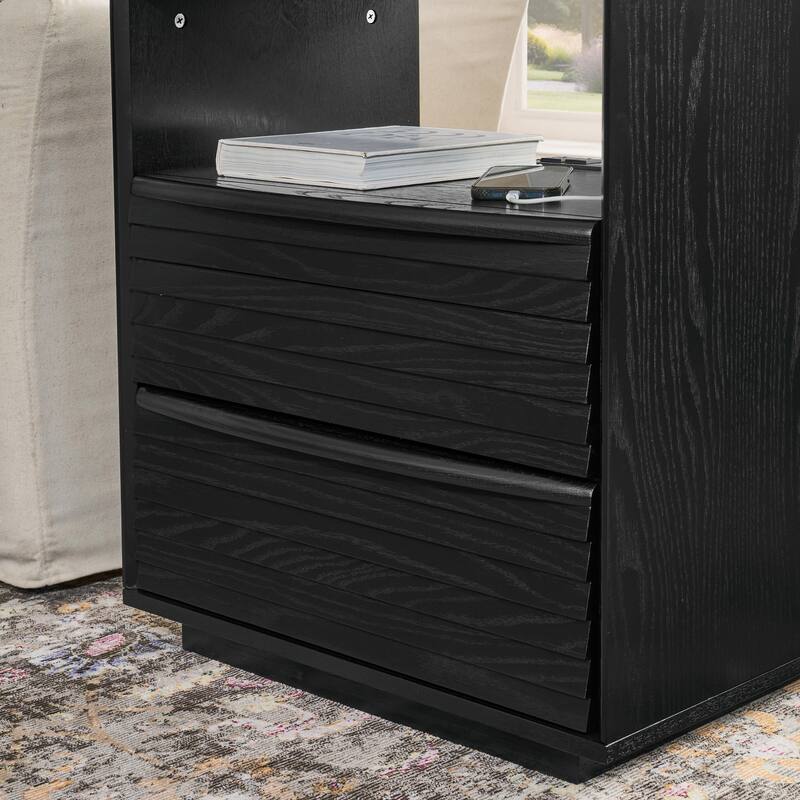 Mid Century Nightstand with Charging Station & 2 Drawers