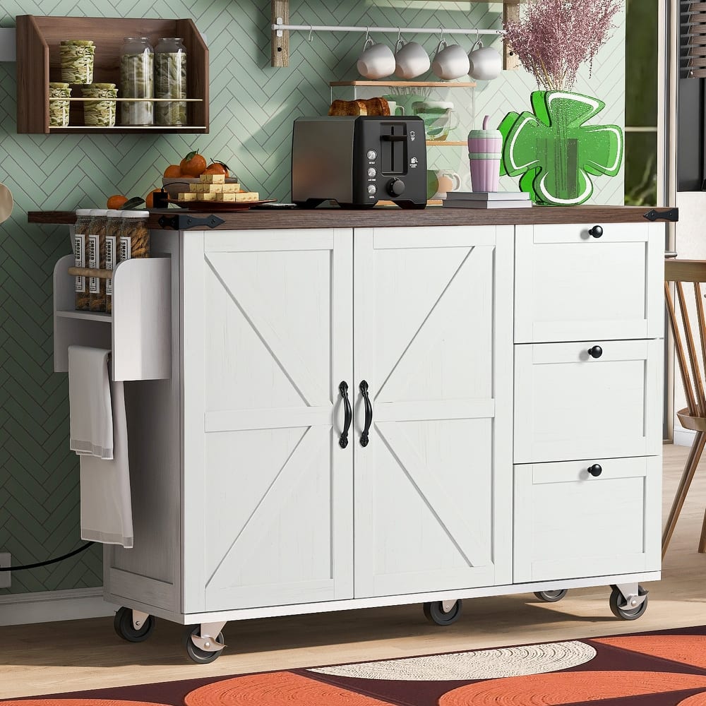 Farmhouse Kitchen Island with Power Outlet and Rolling Cart