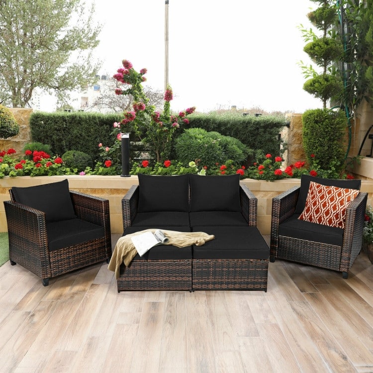 5 Pieces Patio Cushioned Rattan Furniture Set - 50" x 30.5" x 29" (L x W x H)