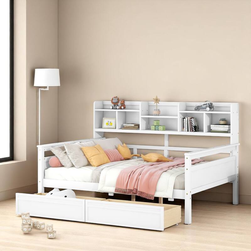 Wooden Twin/Full Daybed with 2 Storage Drawers and Bedside Shelves, No Box Spring Needed, Modern Design - White - Full