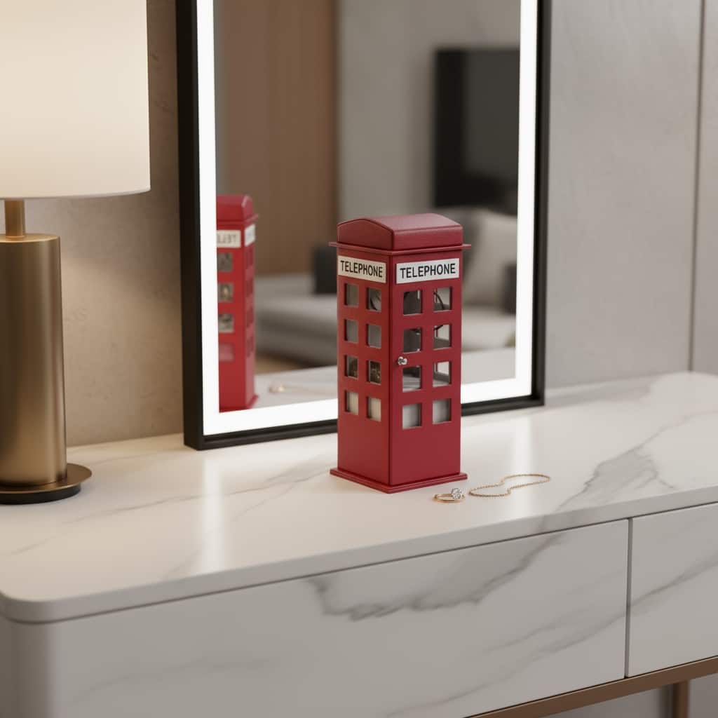 12" Burgundy And White Faux Leather Telephone Booth Jewelry Box