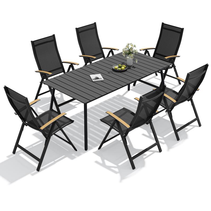 7-Piece Outdoor Patio Dining Set WPC Table Top Alumium Umbrella Hole Table with Folding Armrest Chairs - Black