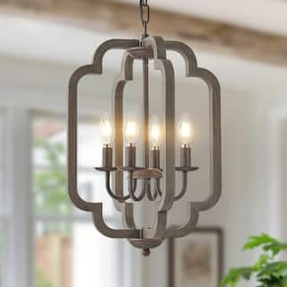 Starsky 4-Light Vintage Farmhouse Faux Wood Lantern Chandelier - Antique