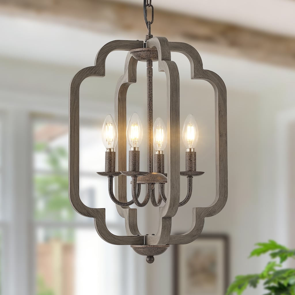 Starsky 4-Light Vintage Farmhouse Faux Wood Lantern Chandelier - Antique