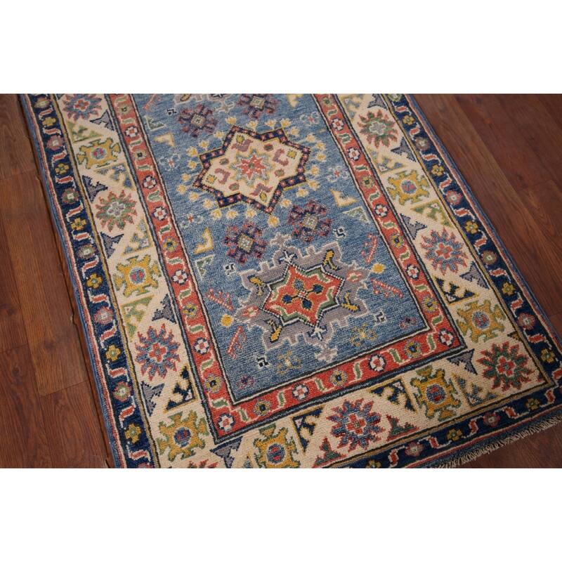 Blue Kazak Foyer Rug Handmade Floral Wool Handmade Wool Carpet - 2'7" x 4'0"