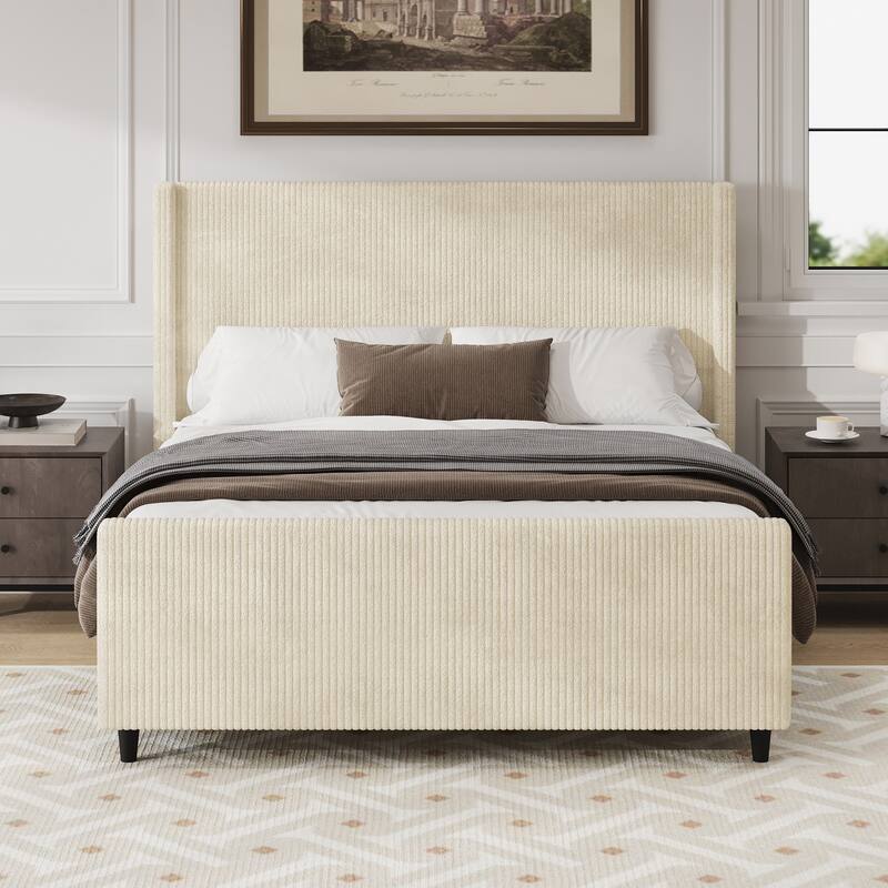50.7Inch High Headboard Corduroy Upholstered Bed Frame