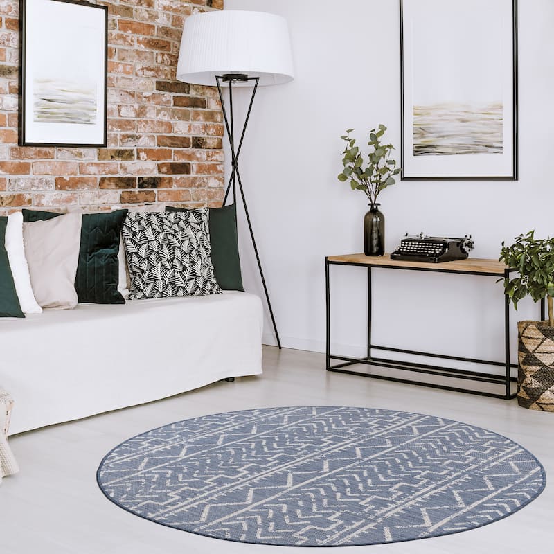 Beverly Rug Blue Trellis Indoor Outdoor Area Rug - 7'Round