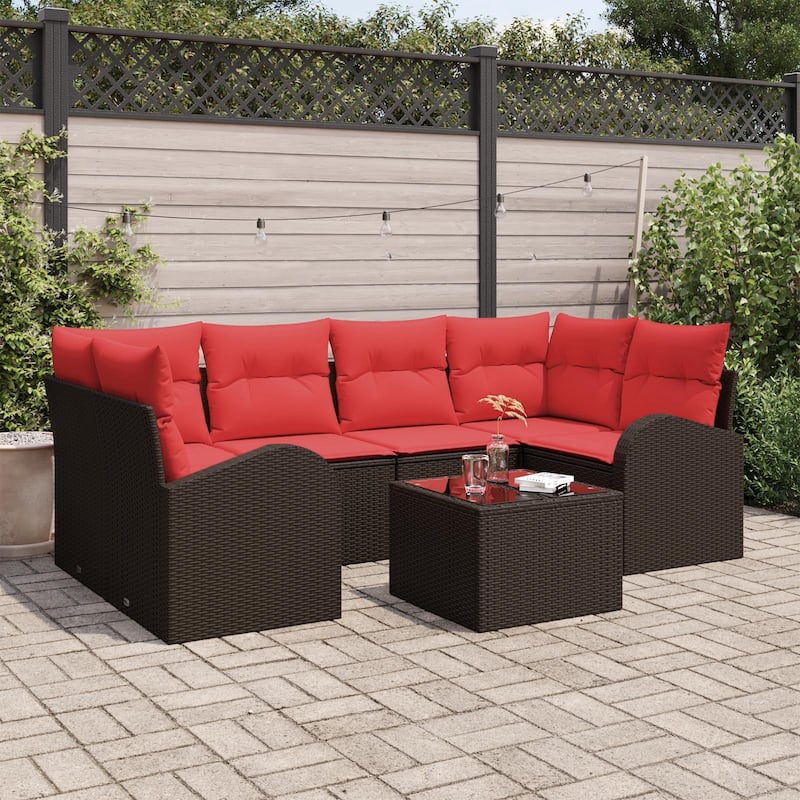 vidaXL 7 Garden Sofa Set with Cushions Black/Brown/Grey Poly Rattan - 92.1 x 48.8 x 27.2 - Brown
