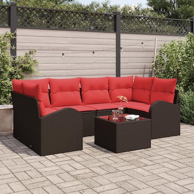 vidaXL 7 Garden Sofa Set with Cushions Black/Brown/Grey Poly Rattan - 92.1 x 48.8 x 27.2