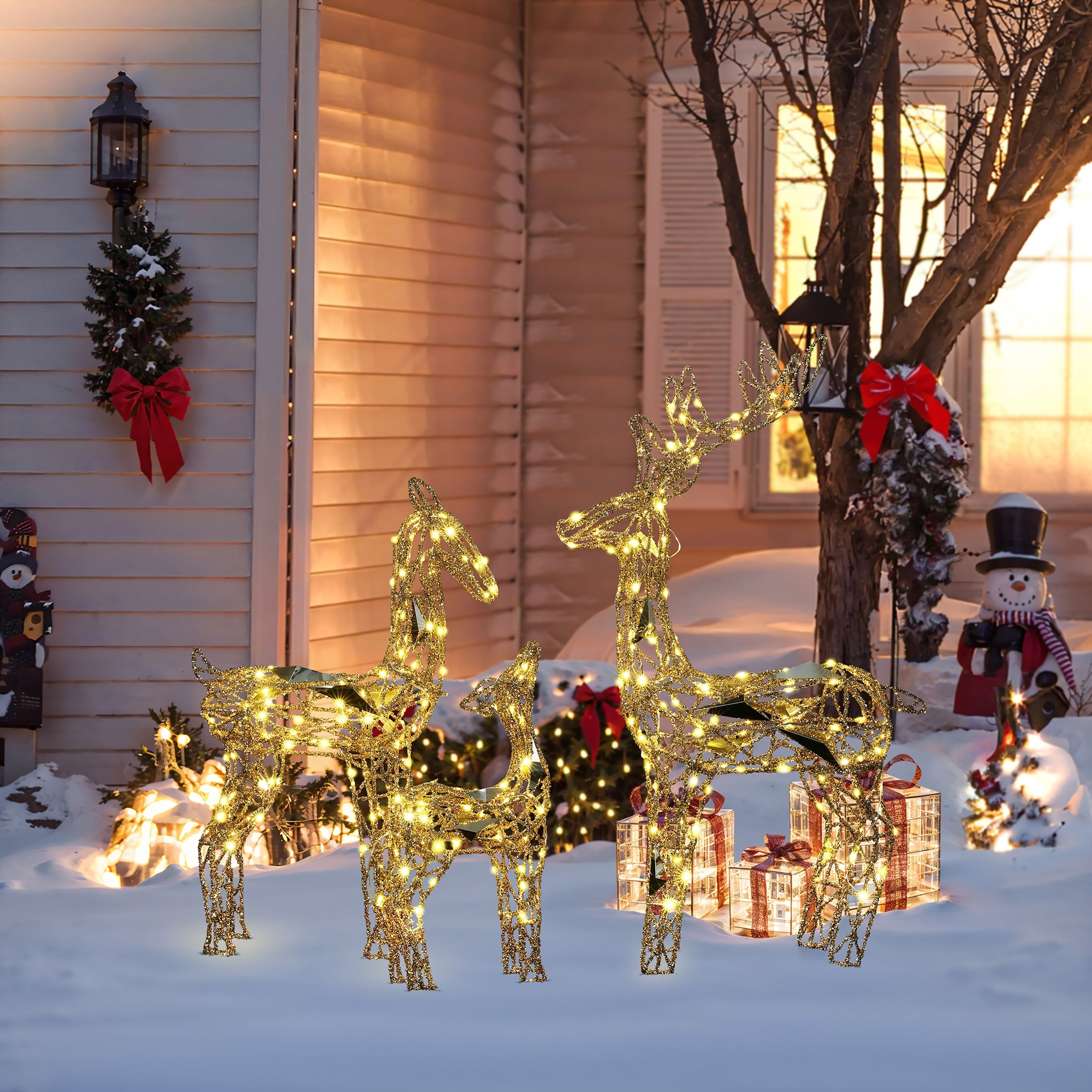 3-Piece Gold Glitter Deer Family Outdoor Holiday Decoration with Lights