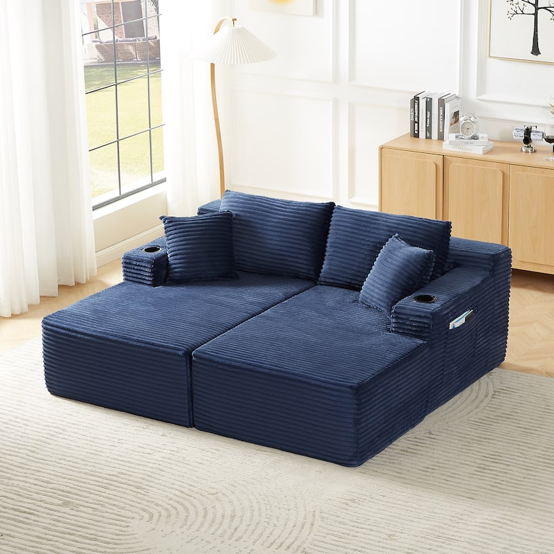 Minimalist Modular Lounge Couch U-shaped Sectional Sofa with Chaise, Corduroy Sleeper Sofa Bed with Side Pockets and Cup Holders