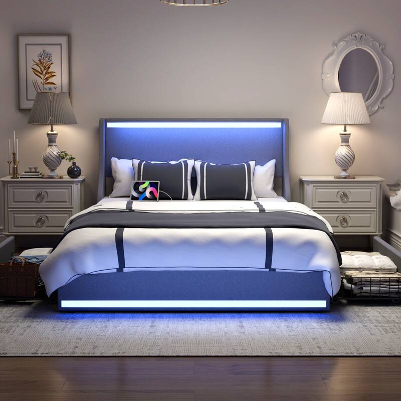 VECELO Modern LED Upholstered Platform Bed Frame with 2 Storage Drawers, USB & Type-C Ports, Full/Queen Size Bed