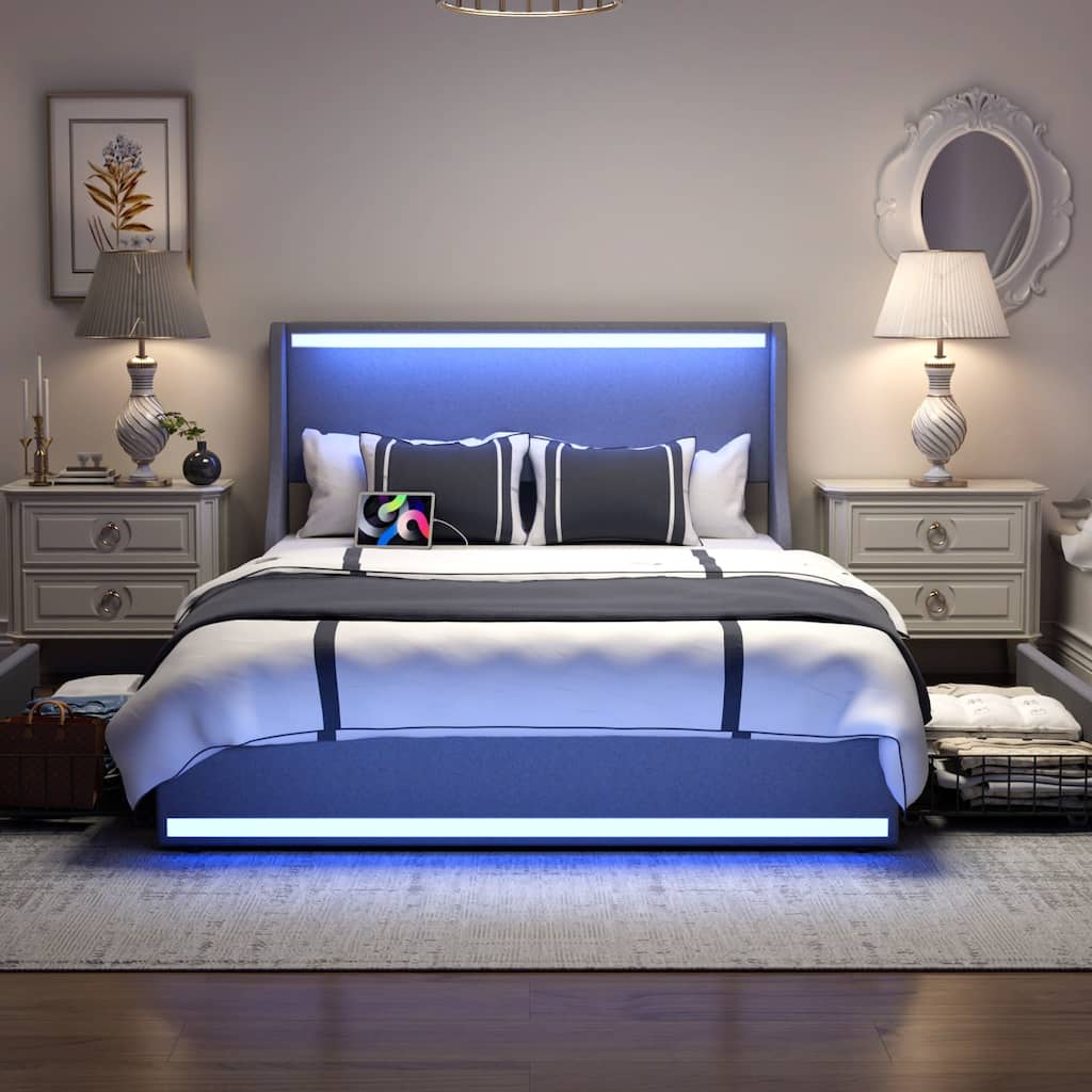 VECELO Upholstered LED Bed Frame with Wingback Headboard & 2 Storage Drawer Linen Fabric Full/Queen Size Storage Bed Frames