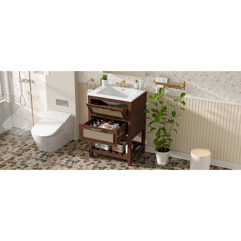 24"Bathroom Vanity with Integrated Ceramic Sink,Bathroom Cabinet with 1 Deep Drawer,1 Tip-Out Drawer,Single Sink Bathroom Vanity