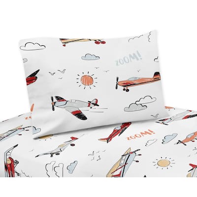 Vintage Airplane 3pc Twin Sheet Set - Grey Yellow Orange Red White and Blue Airplanes Air Plane Transportation Clouds Sun Sky