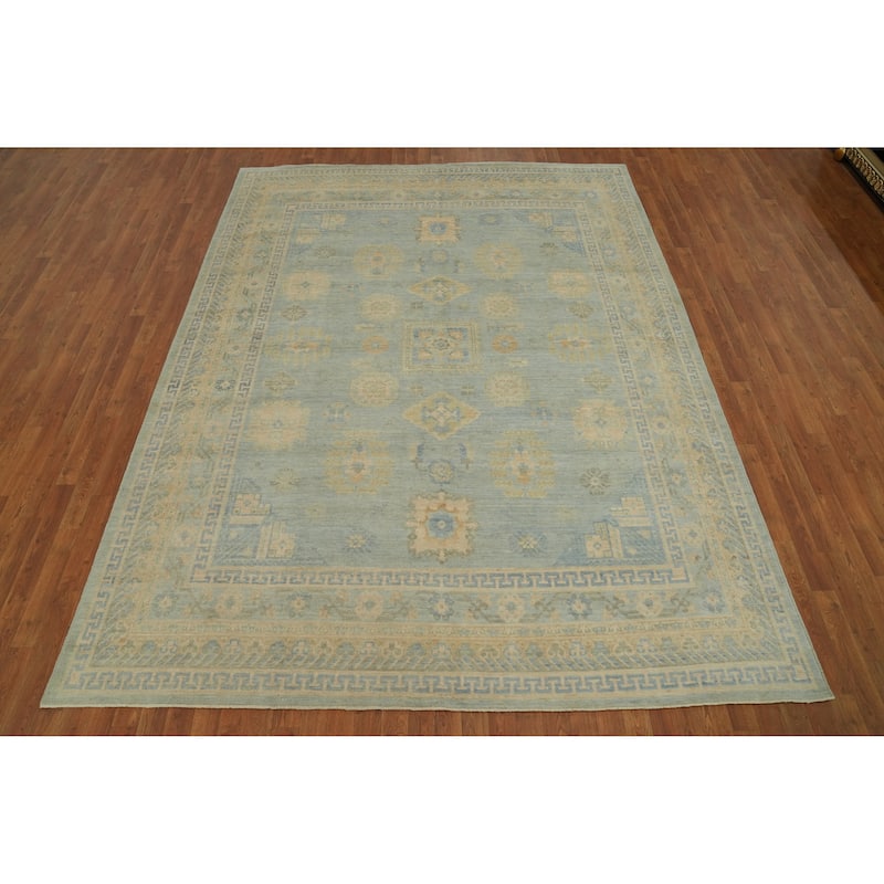 Vegetable Dye Blue Oushak Turkish Area Rug, Floral Geometric Carpet - 10' 7'' X 8' 1''
