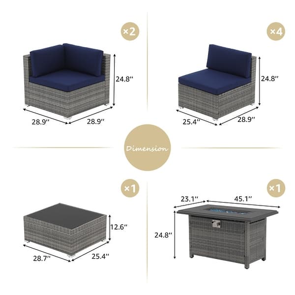 dimension image slide 1 of 9, Outdoor 8 Pieces Sectional Wicker Sofa Set with Fire Pit