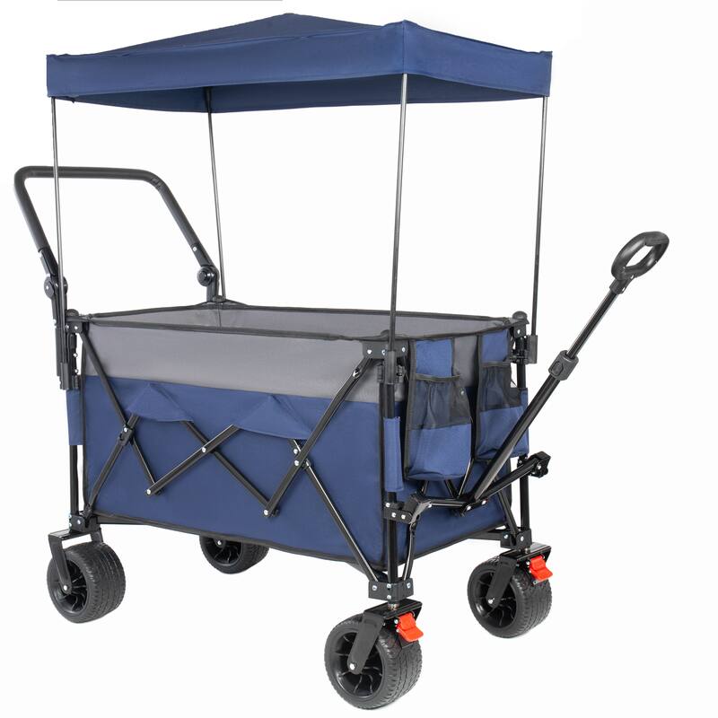 Multi-Functional Push-Pull Folding Wagon Cart with Rotating Handle & Canopy,7"x4"All-Terrain Wheels & Brakes,300L Large Capacity