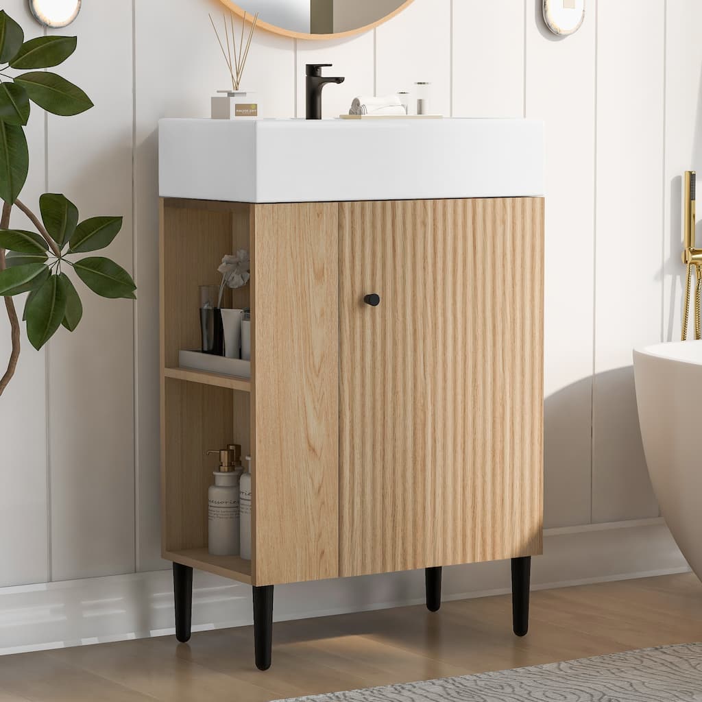 21.6" Wood Bathroom Vanity, Combo Cabinet, Bathroom Storage Cabinet, Single Ceramic Sink, Left Side Storage